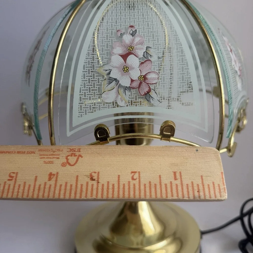 VTG 90s Touch Lamp Printed Floral Design Glass Small Table Lamp *Flaw*